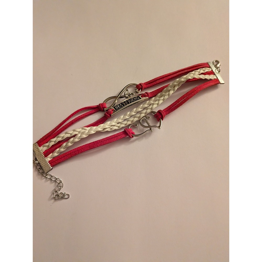 Pink White Multi Strand Best Friend Infinity Heart Charm Wrap Bracelet Silver